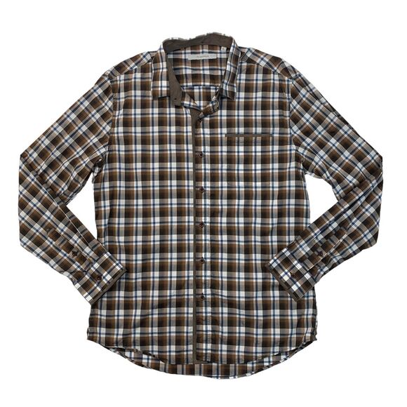 7 Diamonds Shirt Mens L Large Brown Plaid Button Up Long Sleeve Pocket Front - Picture 1 of 10